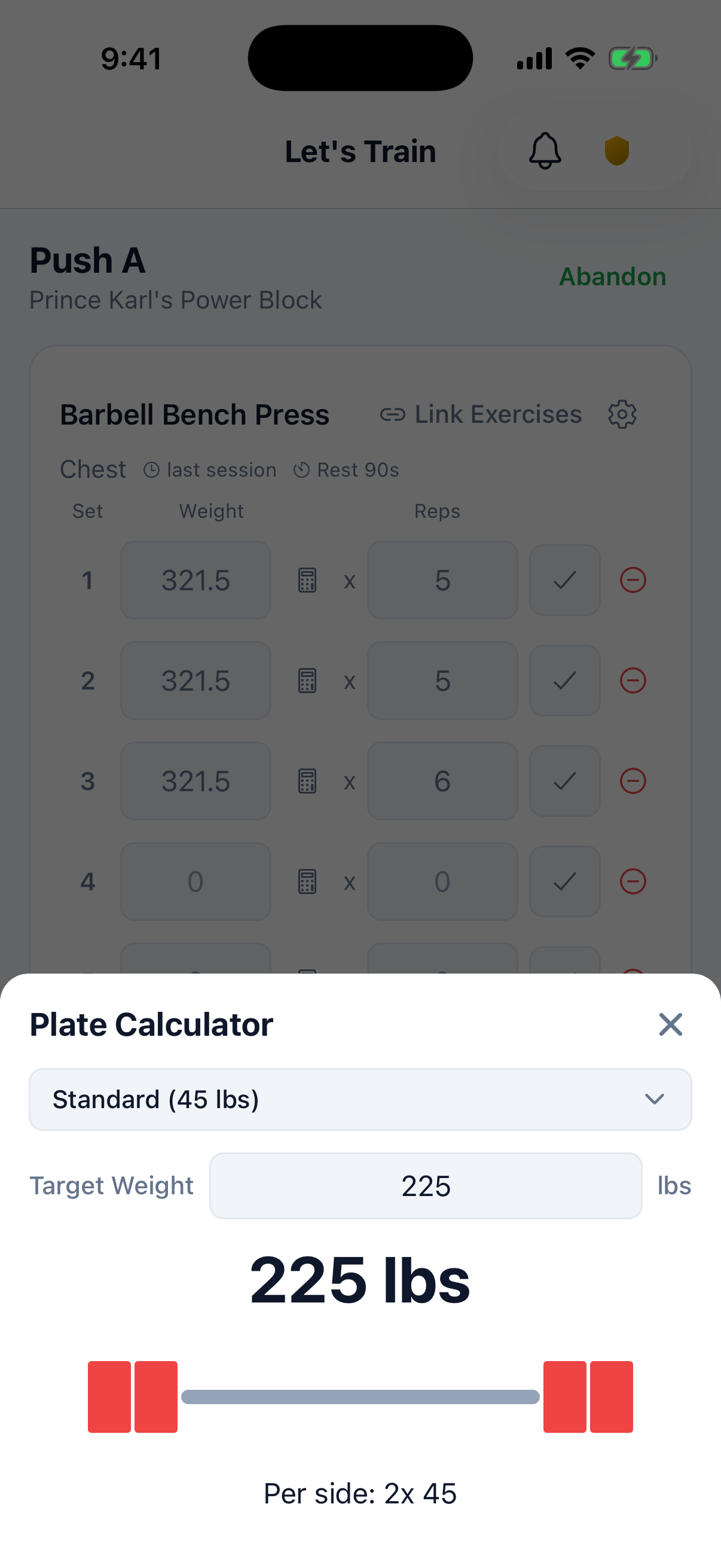 The Powerhaus plate calculator showing the plates to load per side for a target barbell weight.